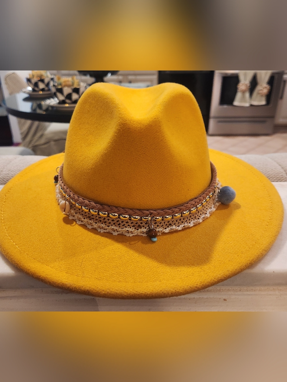 Yellow Women's Felt Fedora Hat with Boho Trim